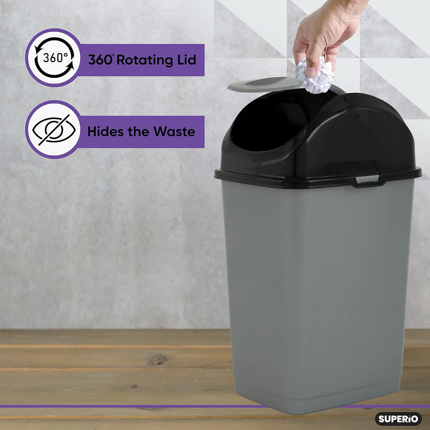 Superio Office Trash Can with Lid 9 Gallon Kitchen Garbage Can Bedroom Waste Basket 37 Qt. Swing Top Trashcan Plastic Durable Waste and Recycle Bin (2, Grey/Black)
