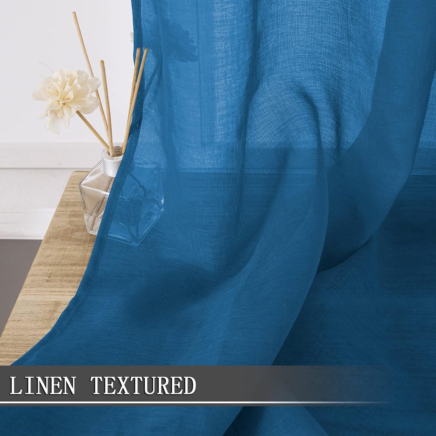 Tollpiz Sheer Curtains Living Room Linen Textured Curtain Sheers Light Filtering Voile Rod Pocket Curtains for Bedroom, 38 x 63 inches Long, Classic Blue, Set of 2 Panels