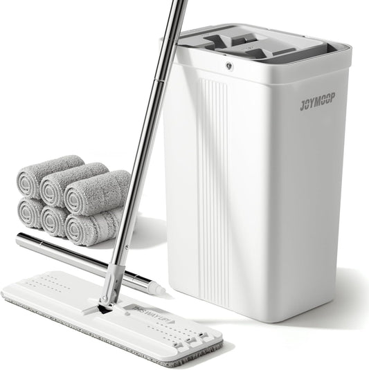 JOYMOOP Mop and Bucket Set with Wringer, Flat Mops for Floor Cleaning, Wall Mop Cleaner with Long Handle, Hardwood Floor Mop with 6 Microfiber Pads