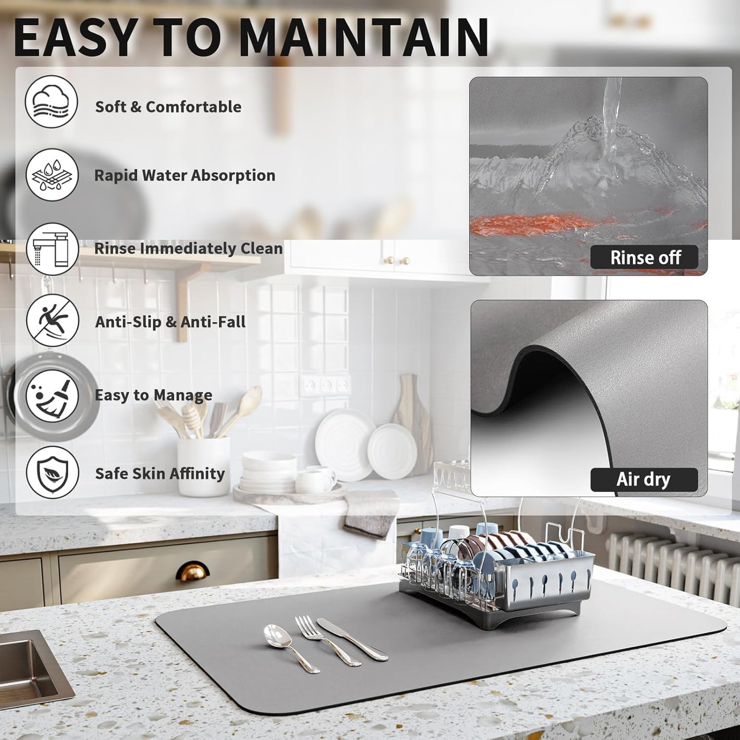 Dish Drying Mat for Kitchen Counter, Heat Resistant Drainer Mats with Non-slip Rubber Backed, Hide Stain Kitchen Super Absorbent Draining Mat, Easy to Clean Dish Rack Pad, Grey 18"x24"