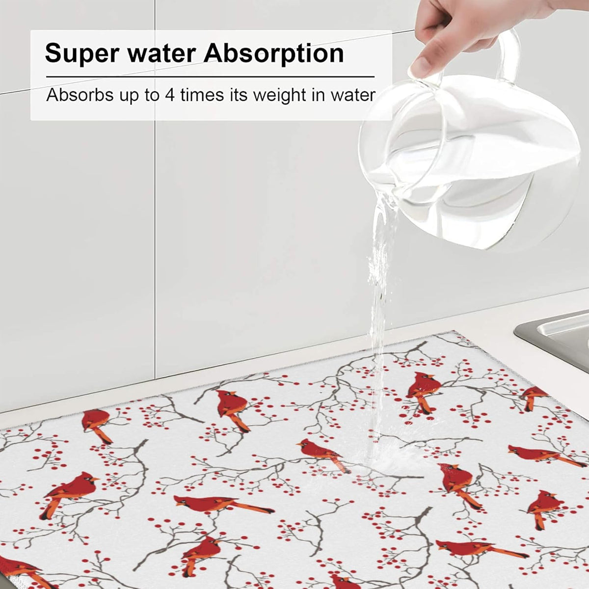 Cardinal Bird Red Berry Decor Kitchen Drying Mat Cute Microfiber Dish Drainer Mat for Kitchen Counter Absorbent Reusable Washable Home Holiday Decor 16x18 Inch