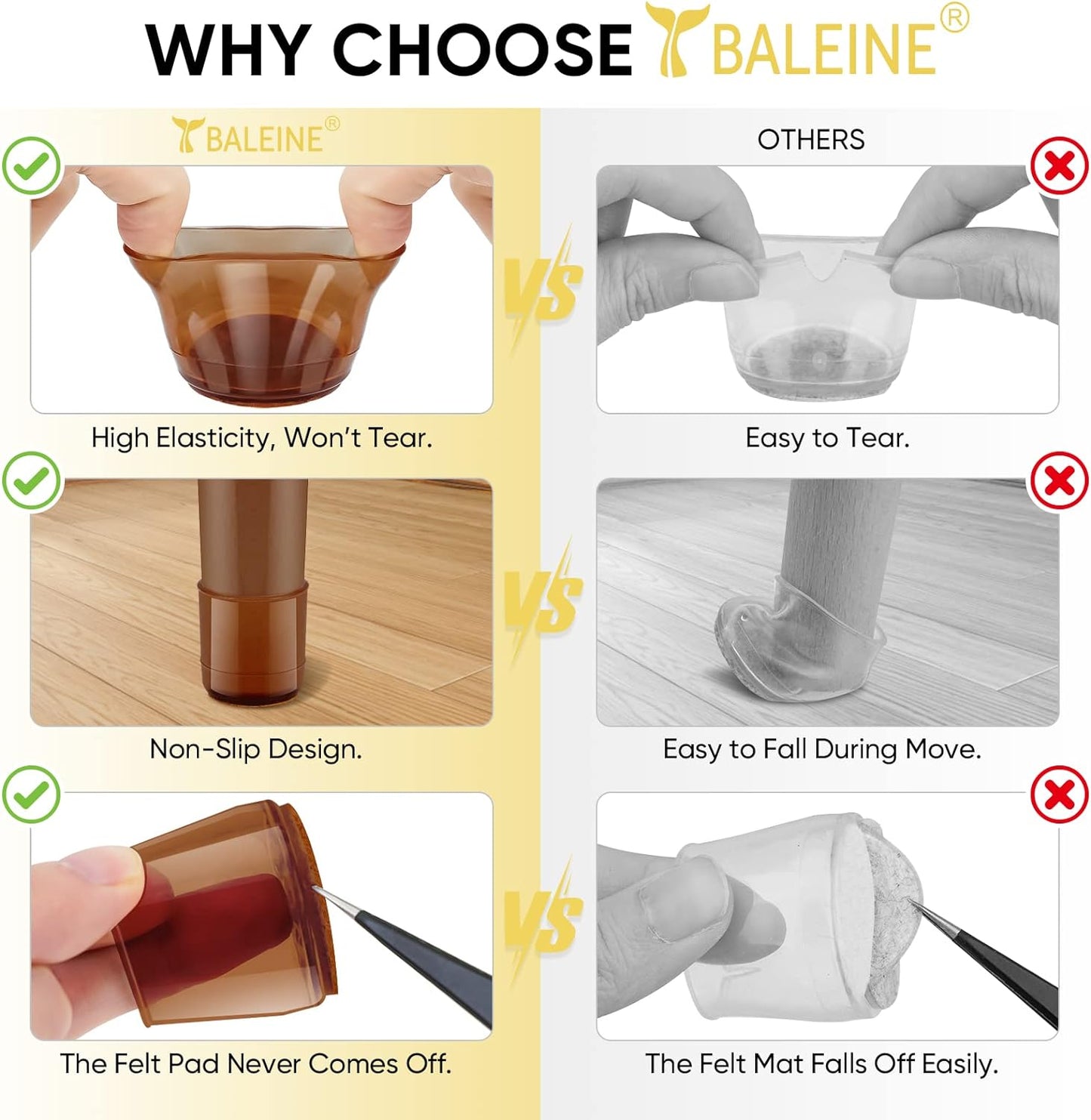 BALEINE 16 Pack Silicone Chair Leg Floor Protectors, Stool Leg Protectors Cap, Non-Slip Chair Leg Caps for Hardwood Floors (Brown, X-Large, 16 Pack)