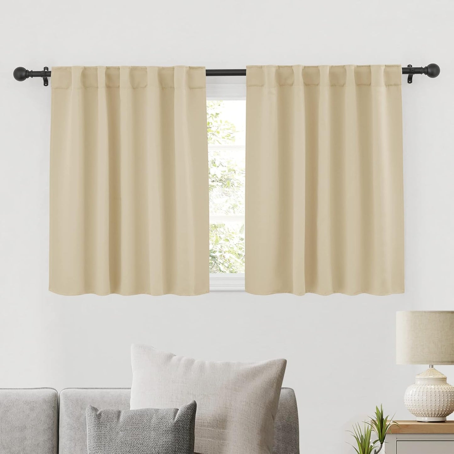RYB HOME Short Blackout Curtains 36 inches, Solid Heavy Duty Small Window Treatment Room Darkening Privacy Draperies for Basement Bathroom Bedroom, Biscotti Beige, W42 x L36 inch, 2 Panels