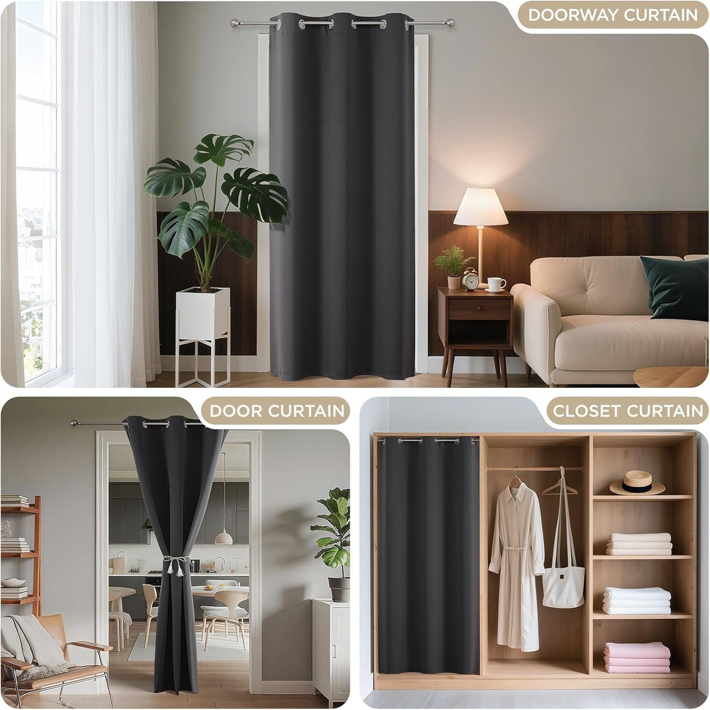 Joydeco Blackout Door Curtain for Doorway Privacy 72 Inches Long, Grommet Closet Curtain for Open Closet, Room Divider for Bedroom Living Room (Grey, 52Wx72L, 1 Panel)