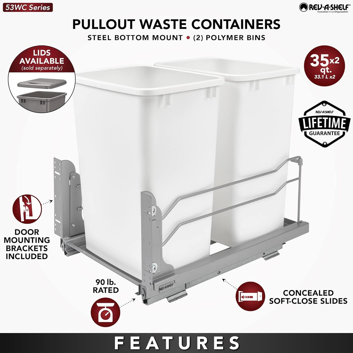 Rev-A-Shelf Double Pullout Trash Cans for Under Kitchen Cabinets 35 Quart 8.75 Gallon with Soft-Close Slides, Metallic Silver, 53WC-1835SCDM-217
