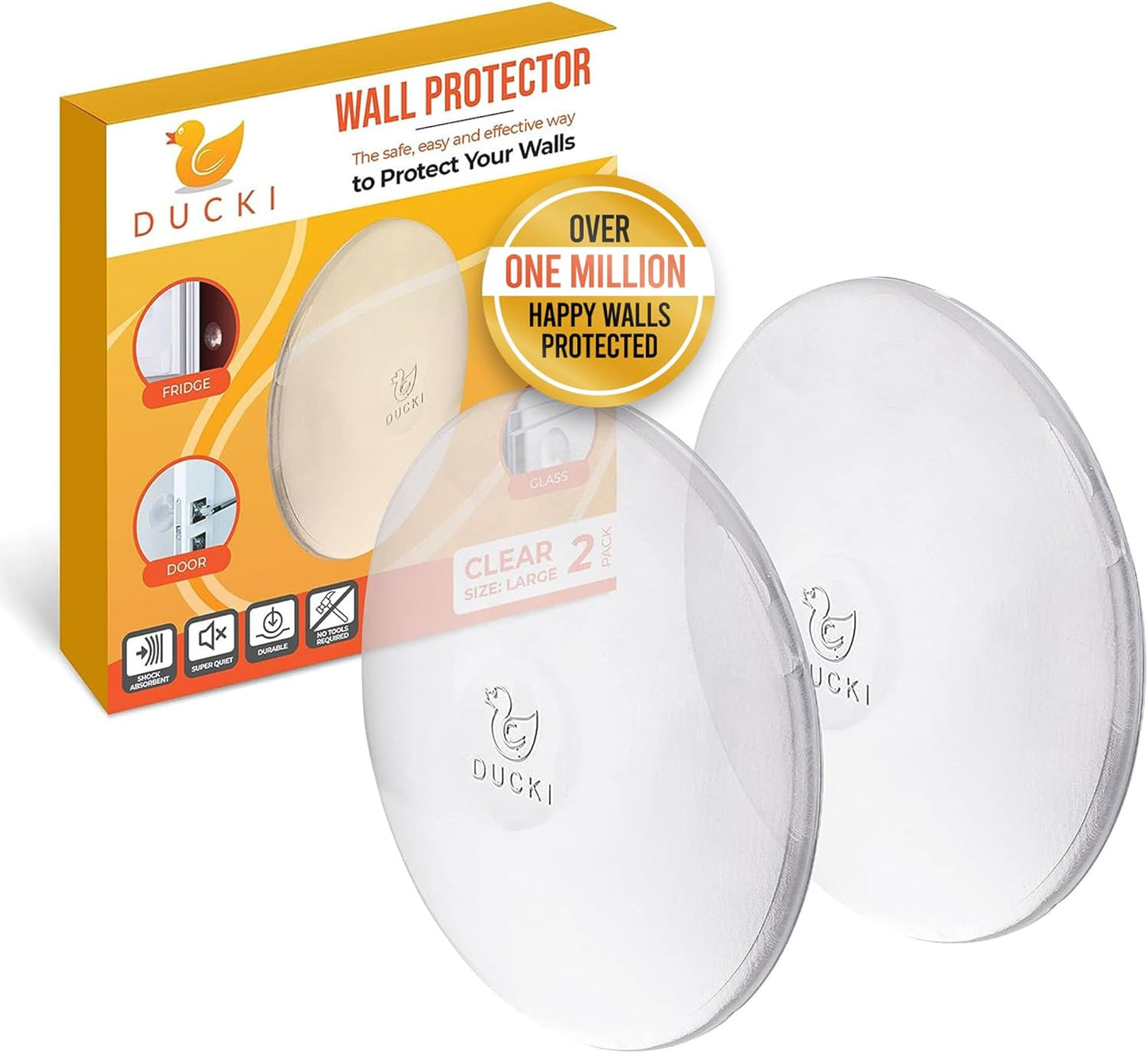 Ducki Door Stop Wall Protector | Self Adhesive Door Knob Wall Protectors from Door Knobs | Rubber Door Stoppers for Wall Damage & Noise | Durable, Shock Absorbent & Discreet | 2 Pack Clear Door Stops