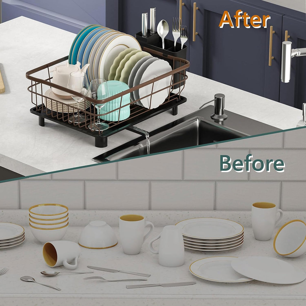 Iron Dish Drying Rack with Drainboard Dish Drainers for Kitchen Counter Extendable Spout Strainers with Utensil Holder and Knife Slots, Brown