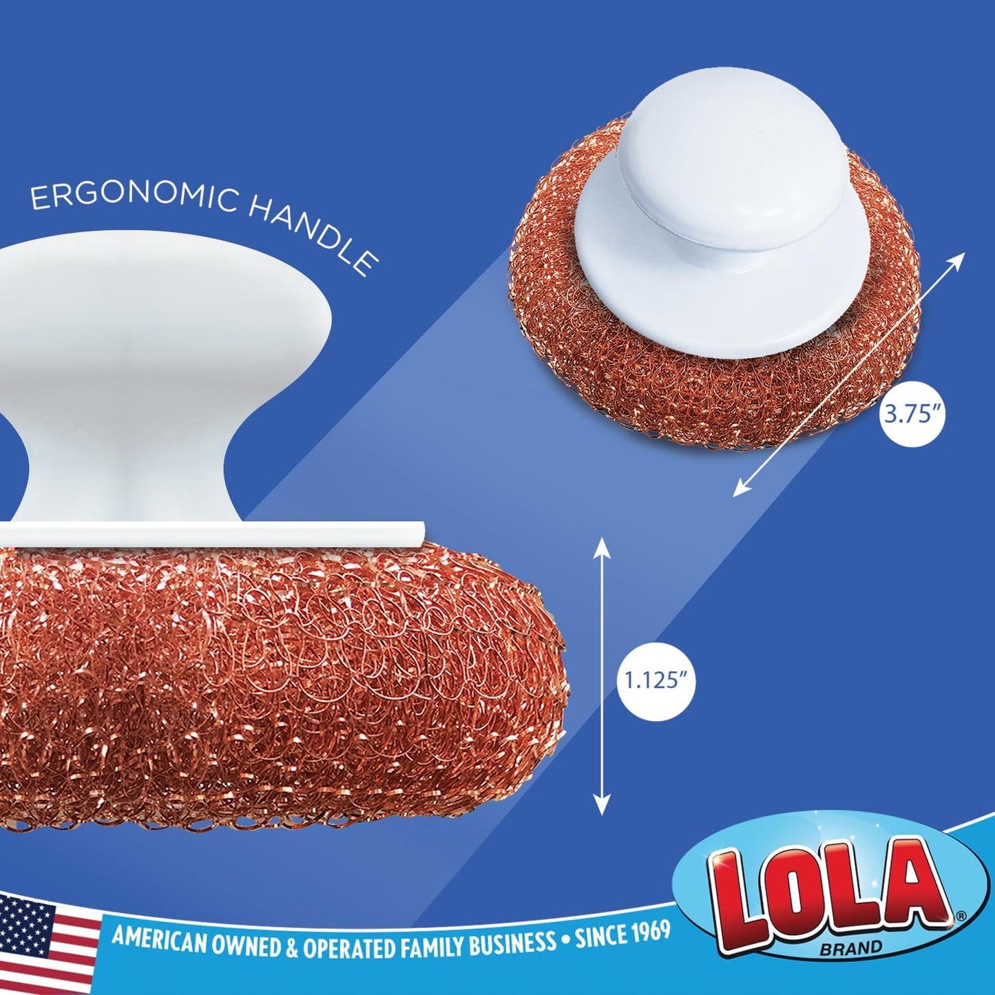 LOLA Copper Mesh Scouring Pad w/Comfort Knob, 6 Pack, Heavy Duty Cleaning Pads, Knitted Wire Mesh, Cleans Caked-On & Baked-On Messes