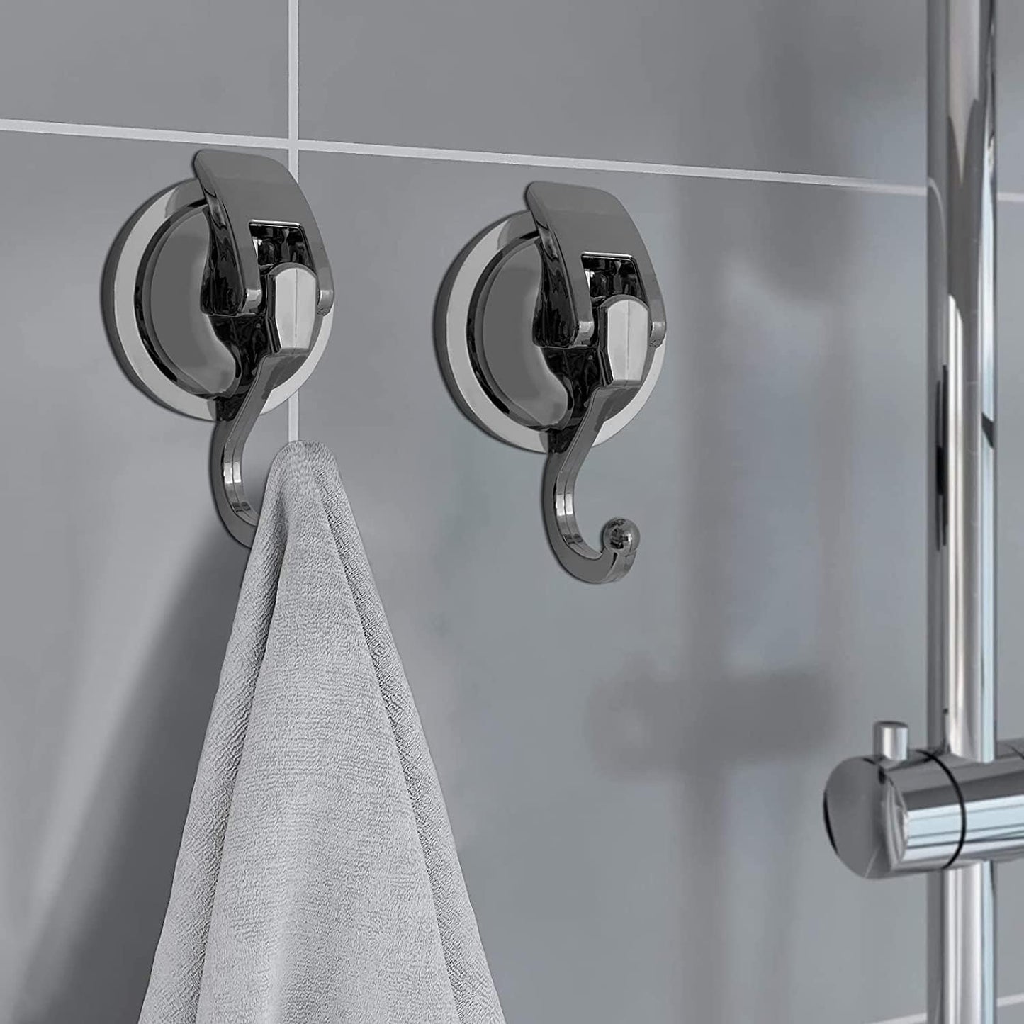 Heavy Duty Vacuum Suction Shower Hooks - Glass Suction Cup Hooks, Bathroom Robe Hooks, Reusable, No Hole Punched, for Garland Decoration (Silver Grey, 4 Pack)
