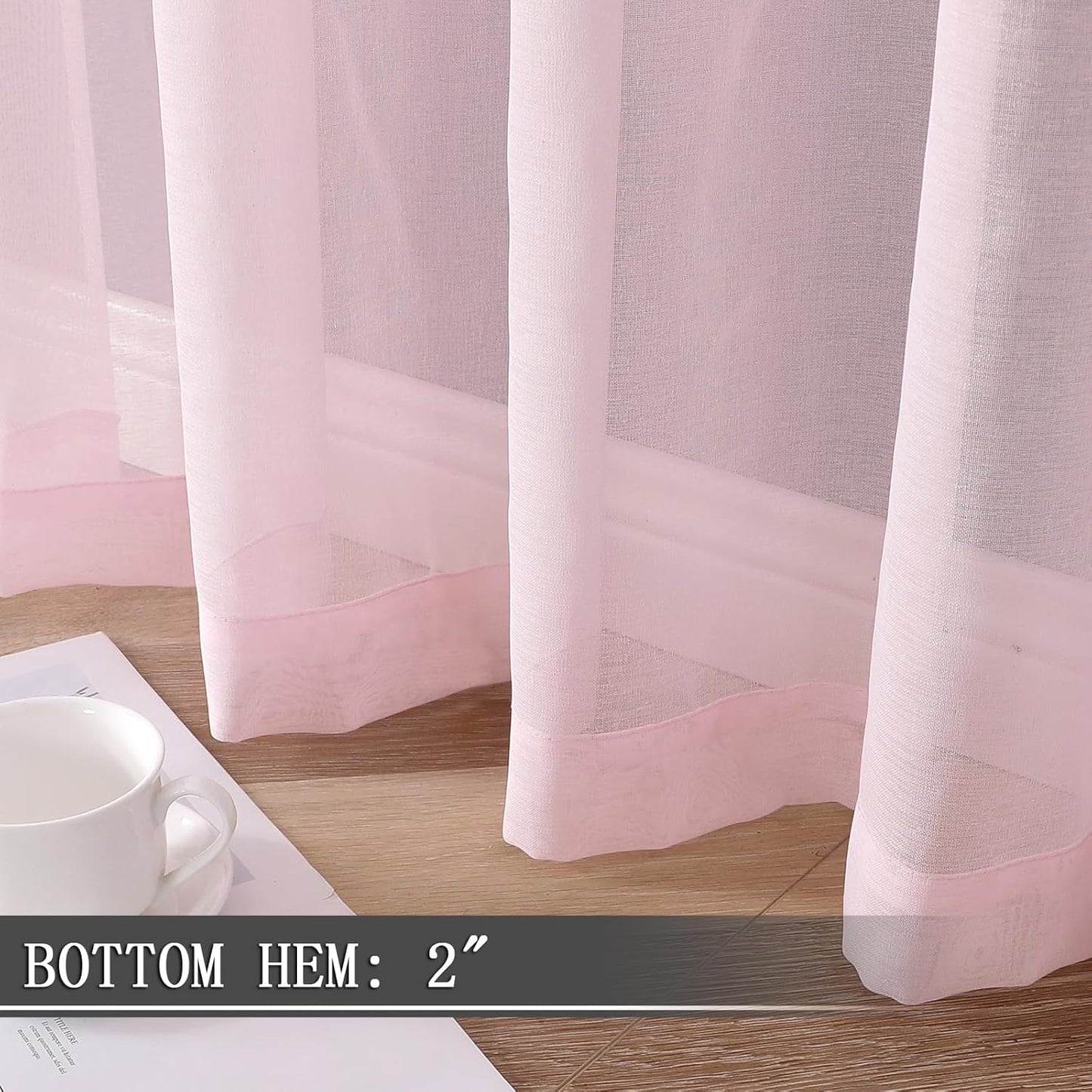 Tollpiz Short Sheer Curtain Living Room Linen Textured Curtains Sheer Light Filtering Voile Rod Pocket Curtain for Bedroom, 38 x 54 inches Long, Pink, Set of 2 Panels