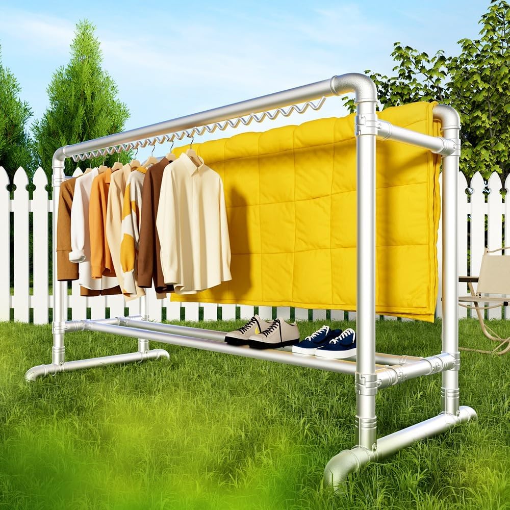 Clothes Drying Rack with Windproof Hooks, 78.7 inch Adjustable Heavy Duty Laundry Drying Rack, Free Standing Metal Clothes Rack, for Indoor Outdoor