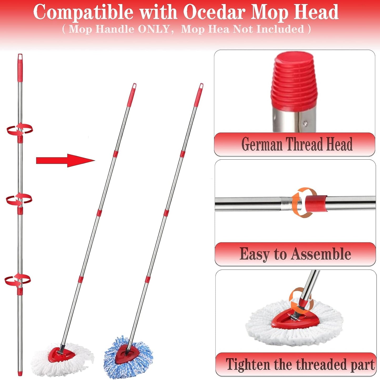 Spin Mop Replacement Handle, 4-Section 30-to-58 inch Mop Replacement Stick Compatible with Ocedar Mop Handle for Easy Wring Mop Refills, Germany Screw Joint(Mop Head&Base not Include)