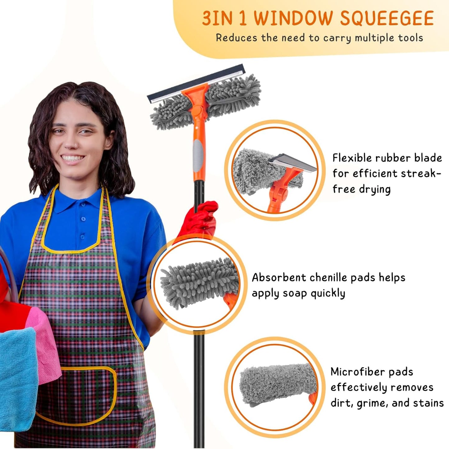Window Cleaner Tool for Home, 59.5'' Squeegee Kit for Car Windshield, Shower Door, Mirror Cleaning, 2 in 1 Outdoor Glass Washer with Extension Pole