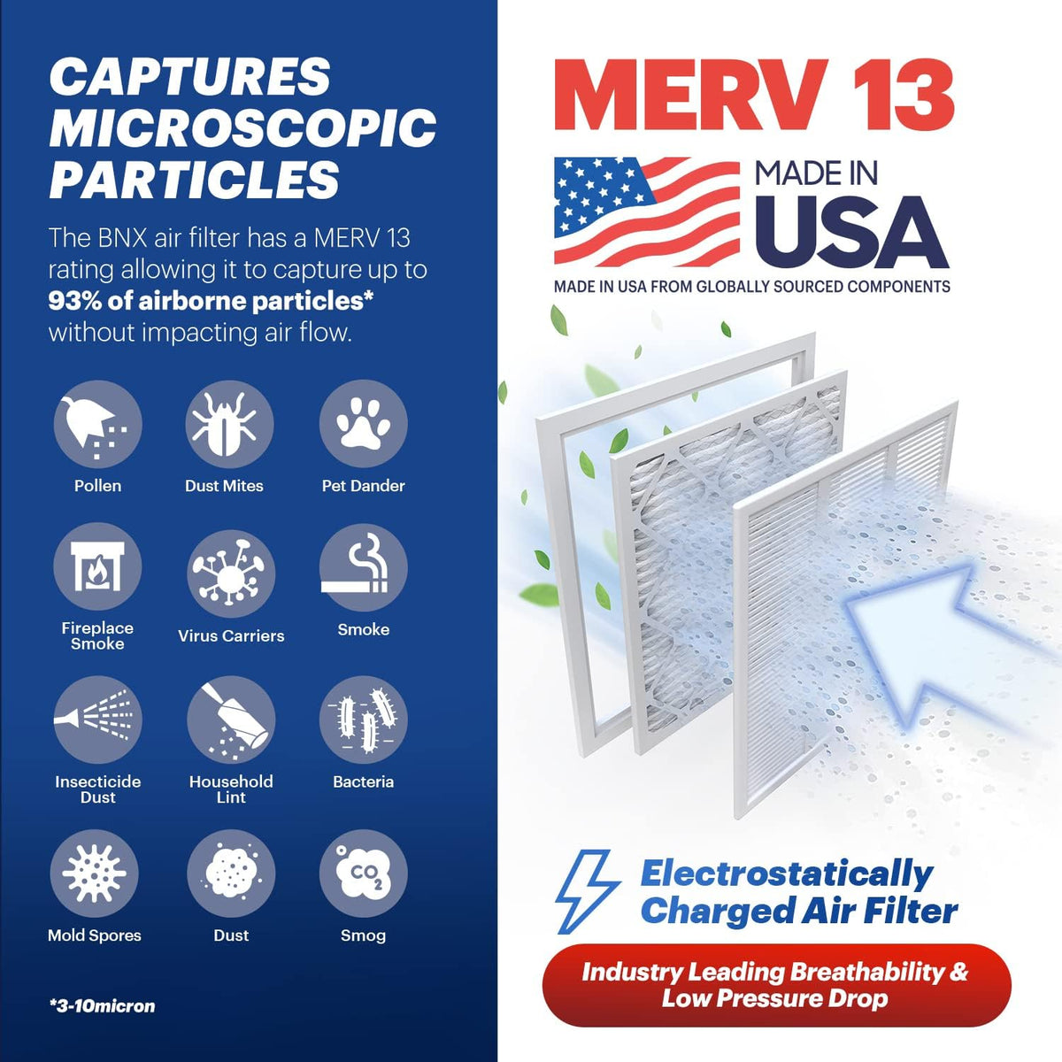 BNX TruFilter 20x20x1 Air Filter MERV 13 (6-Pack) - MADE IN USA - Electrostatic Pleated Air Conditioner HVAC AC Furnace Filters for Allergies, Pollen, Mold, Bacteria, Smoke, Allergen, MPR 1900 FPR 10