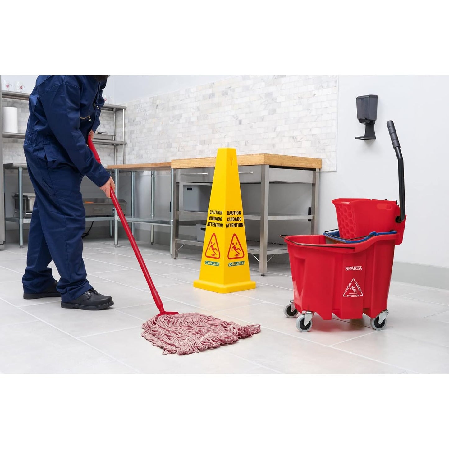 Carlisle FoodService Products Mop Bucket with Side-Press Wringer & Soiled Water Insert for Floor Cleaning, Restaurants, Office, And Janitorial Use, Polypropylene, 35 Quarts, Red