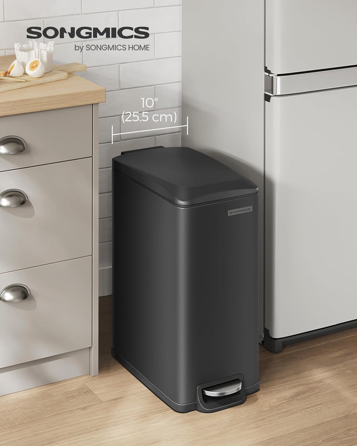 SONGMICS Slim Trash Can, 13-Gallon (50 L) Garbage Can for Narrow Spaces with Soft-Close Lid, Inner Bucket, and Step-on Pedal, Stainless Steel, 15 Trash Bags Included, Black ULTB510B48