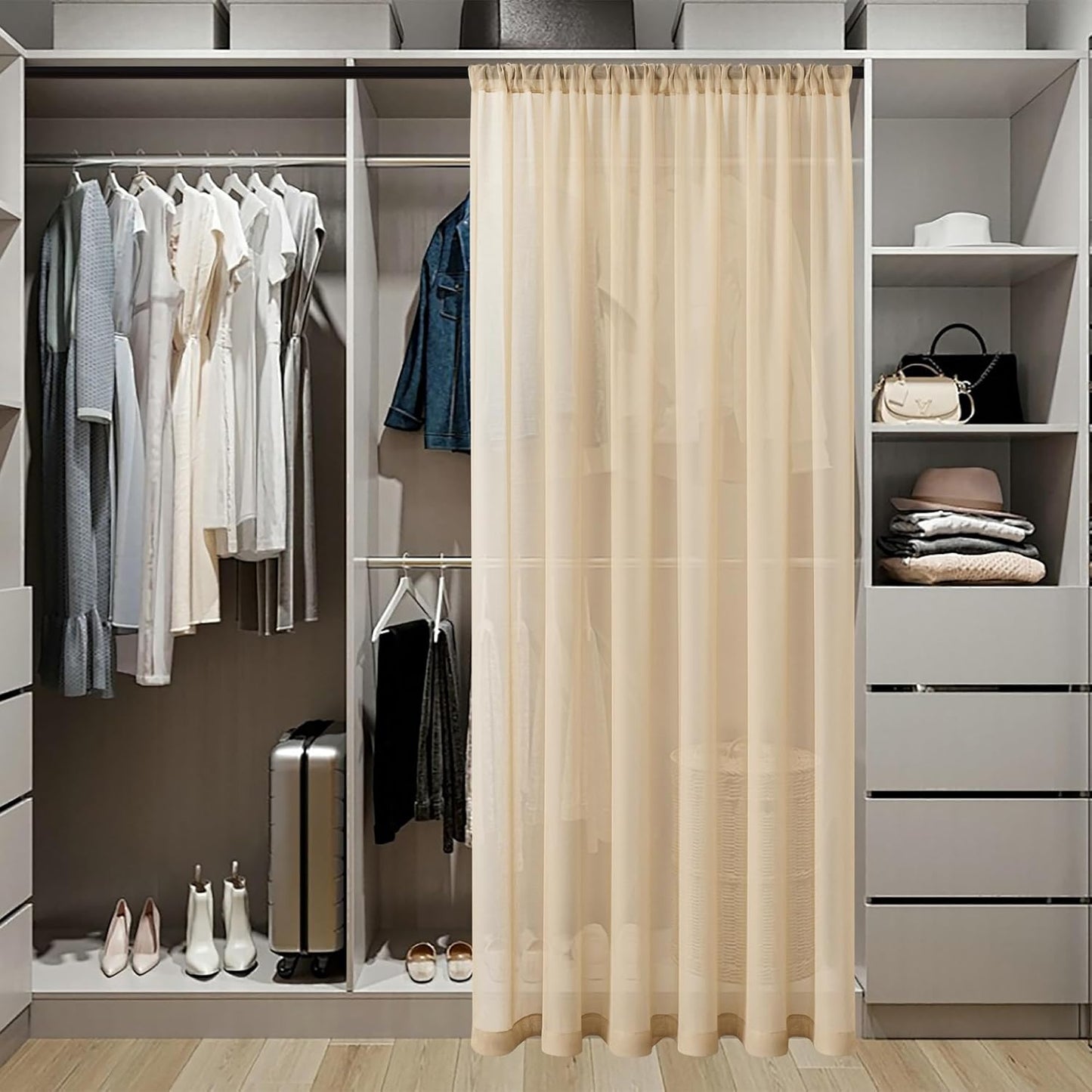 Tollpiz Short Sheer Door Curtains Closet Linen Textured Curtains Sheer Doorway Light Filtering Voile Patio Glass Door Rod Pocket Curtain French Door, 54 x 40 inches Long, Beige, Set of 1 Panel