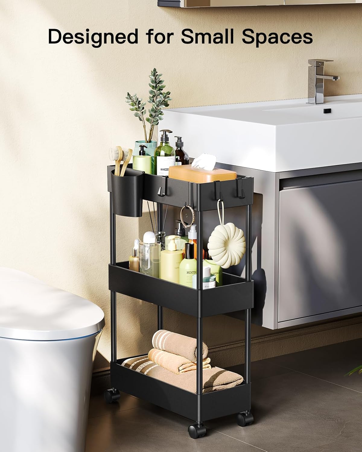Pipishell Slim Storage Cart with Wheels - 3 Tier Bathroom Organizers and Storage Cart - Rolling Carts for Bathroom, Kitchen, Narrow Space, Laundry Room,Black