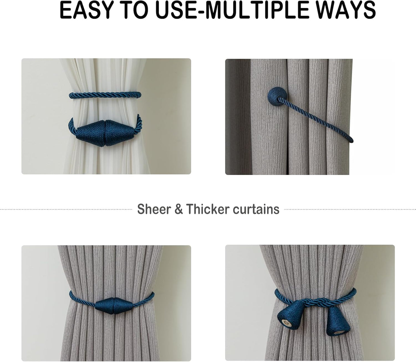 Magnetic Curtain Tiebacks 2 Pack Outdoor Rope Curtain Tie Backs Decorative Window Treatment Holdbacks for Home Decorative Curtain, Blue