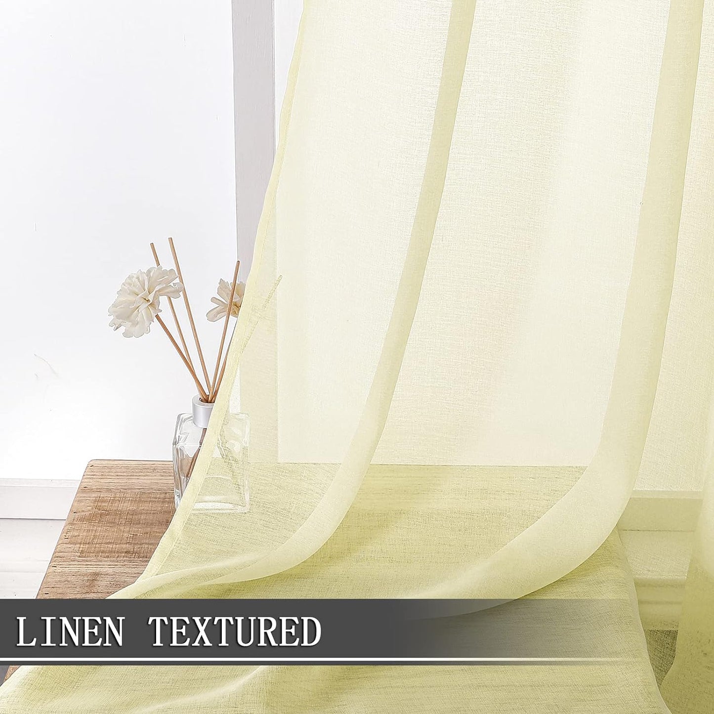 Tollpiz Short Sheer Curtain Linen Textured Living Room Curtains Sheer Light Filtering Rod Pocket Voile Curtain for Bedroom, 42 x 54 inches Long, Transparent Yellow, Set of 2 Panels