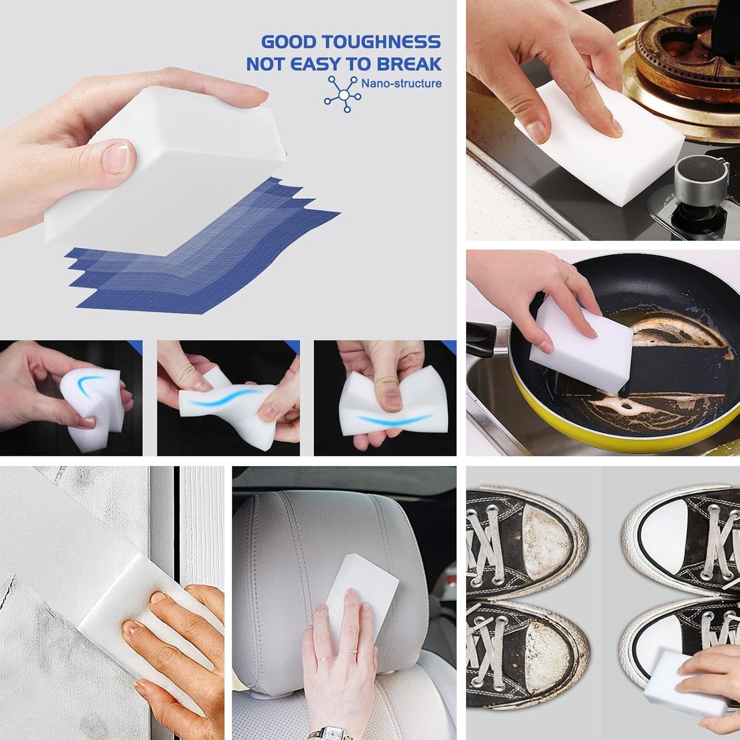 10Pack Melamine Sponges for Multi-Purpose Cleaning - Tough, Durable Magic Sponge Erasers for Use on Sinks, Kitchen, Bathrooms, Walls, Floors, Bathtubs, Shoes, Furniture, Cars - Won't Rip Easily.