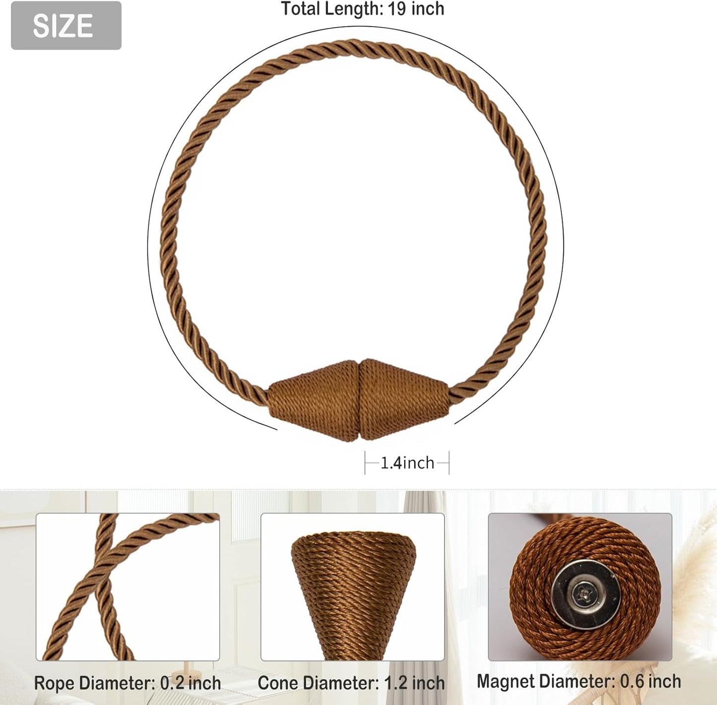 Magnetic Curtain Tiebacks 2 Pack Outdoor Rope Curtain Tie Backs Decorative Window Treatment Holdbacks for Home Decorative Curtain, Khaki