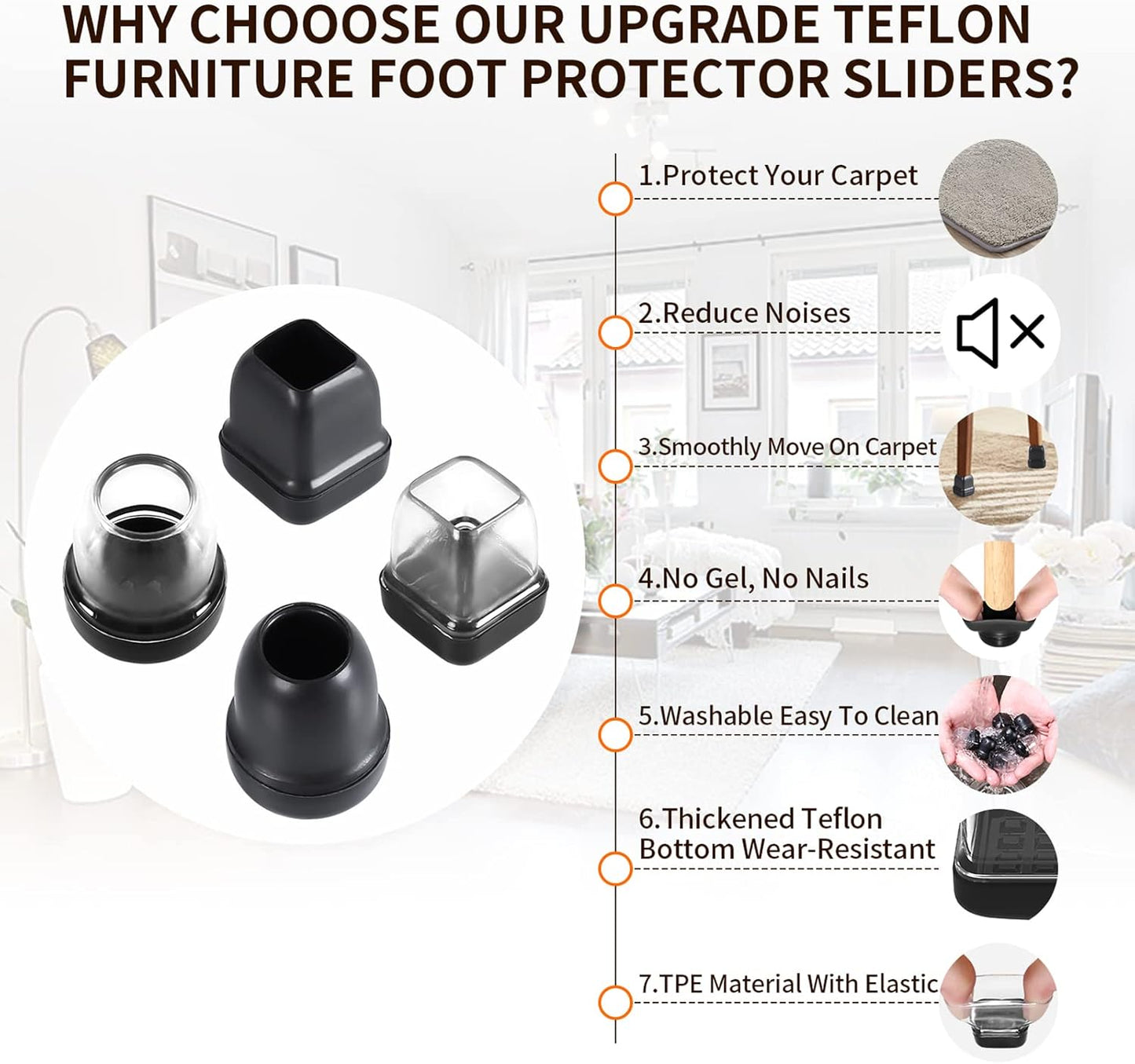 Ezprotekt 24 Pcs Extra Small Chair Leg Sliders for Carpet, Black Round Teflon Furniture Pads for Rug Glides Easily Without Scratches - for Table, Couch, Patio Chair Legs (S Fit: 0.55" - 0.75")