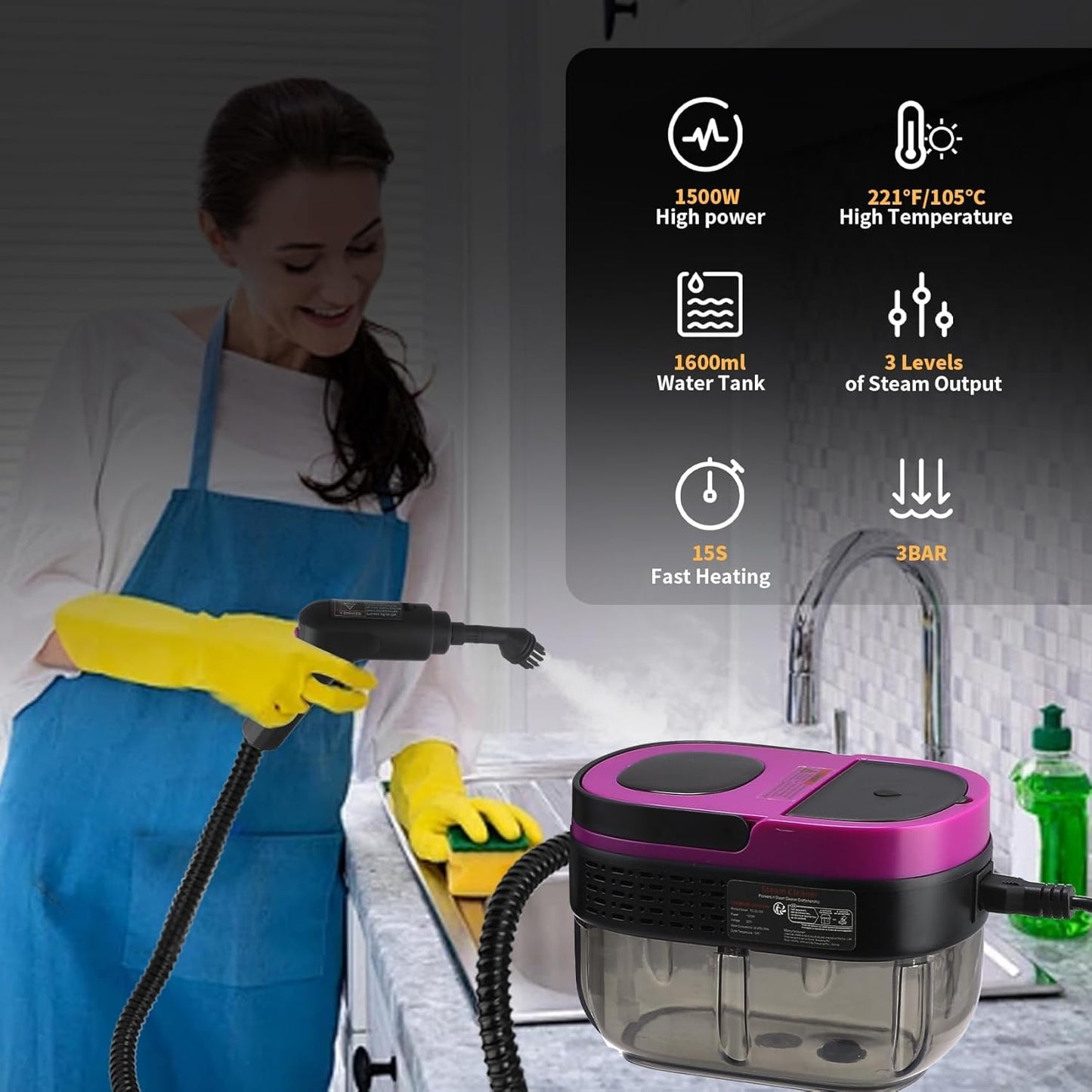 Steam Cleaner, 3-Level Adjustable Handle, 15s Heat-Up, 1.69 Quarts Tank, Portable Steamer for Cleaning with 10 Accessories, Steam Cleaner for Home for Dirt (Purple)
