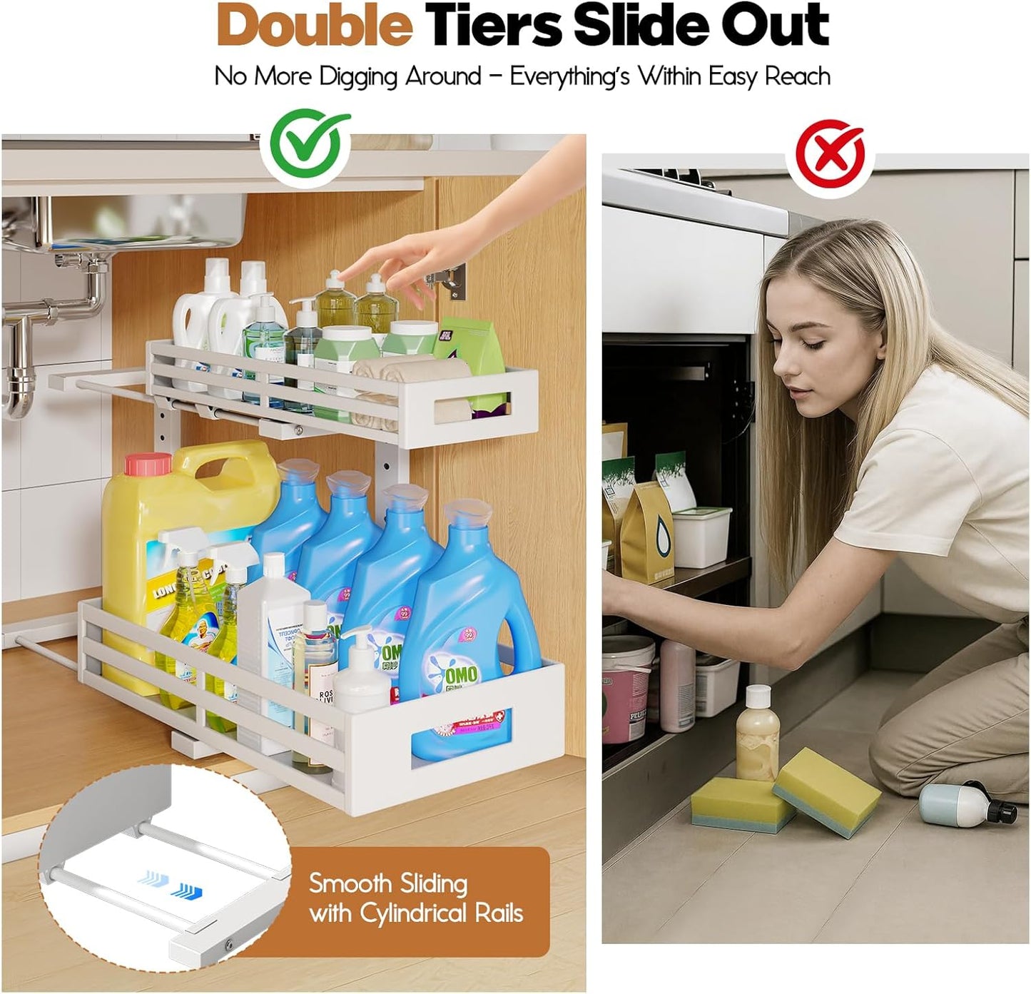 2-Pack 17"Deep Under Sink Organizer And Storage, 2-Tier L-Shaped Pull Out Cabinet Organizer with Upgraded Slide Rails, Height Adjustable Drawers for Kitchen&Bathroom, Extra-Large Storage Shelves–Gray