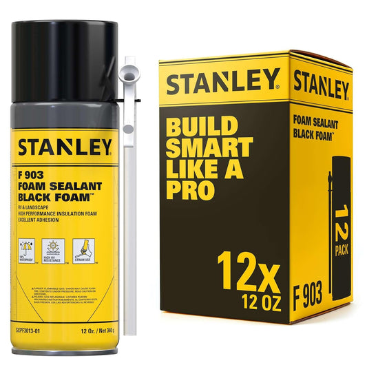 Stanley F903 Black Spray Foam Sealant (12x12oz) – Waterproof Expanding Polyurethane Foam for RV, Pond, Waterfall, Landscape & Automotive Applications – UV Resistant, Gap Filler Foam | 12 Pack