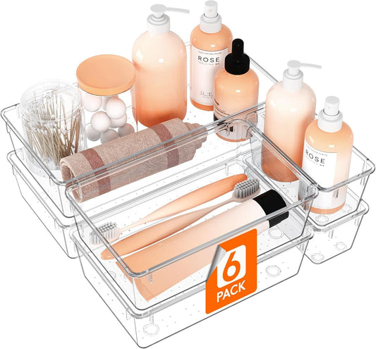 Lifewit 6 Pcs Large Bathroom Drawer Organizers, 3 Sizes Clear Plastic Storage Organizer Trays for Make Up, Kitchen Utensils, Vanity Accessories in Bathroom/Office/Dresser Organization