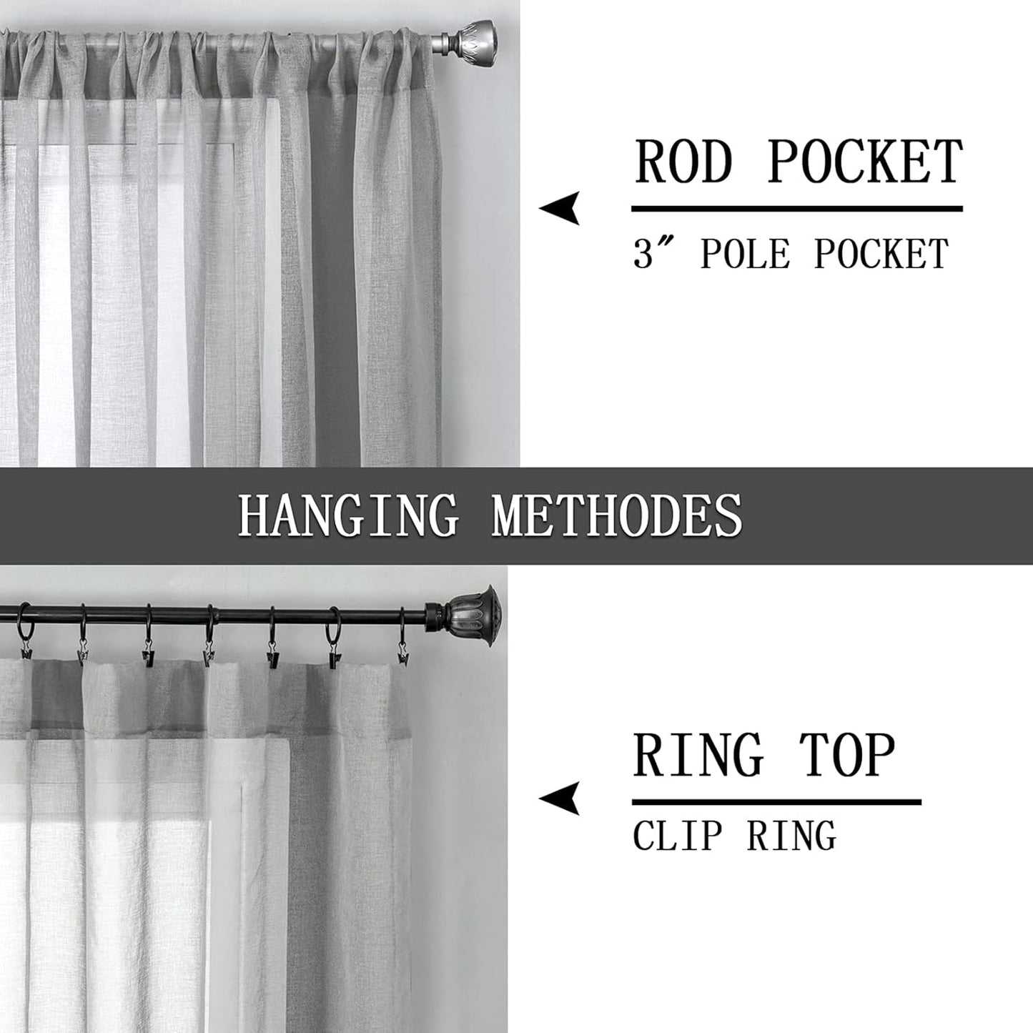 Tollpiz Short Sheer Curtain Linen Textured Living Room Curtains Sheer Light Filtering Rod Pocket Voile Curtain for Bedroom, 42 x 54 inches Long, Silver Grey, Set of 2 Panels