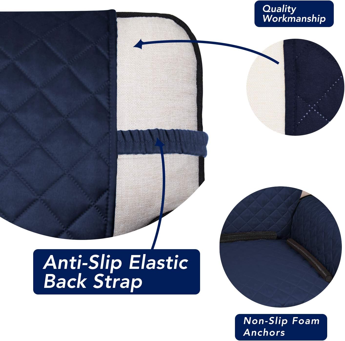 PureFit Reversible Quilted Sofa Cover, Water Resistant Slipcover Furniture Protector, Washable Couch Cover with Non Slip Foam and Elastic Straps for Kids, Dogs, Pets (Sofa, Navy/Ivory) Large