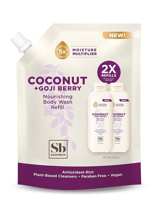 Soapbox Body Wash Refill, Coconut + Goji Berry Body Wash Refill Pack, Bulk Soap Pouch, Vegan + Antioxidant Rich Moisturizing with Shea Butter, Peptides & Keratin Promoting B3, 40oz