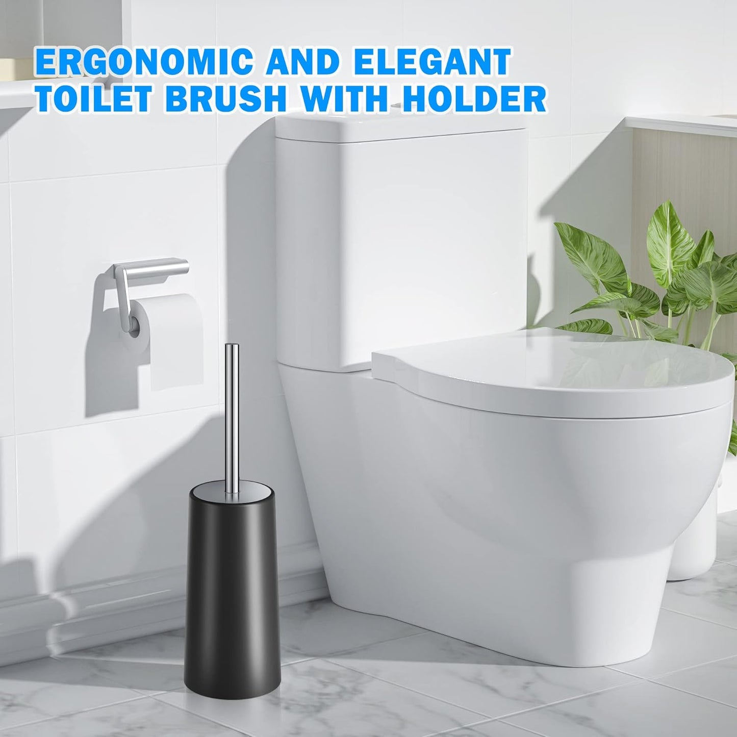 Toilet Brush and Holder, Toilet Brush with 304 Stainless Steel Long Handle, Toilet Bowl Brush for Bathroom Toilet-Ergonomic, Elegant,Durable（Black）