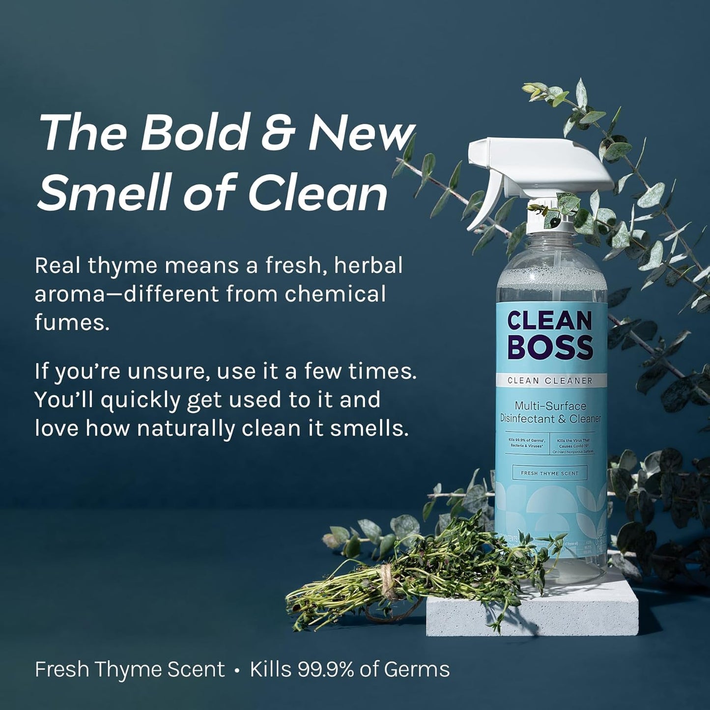 CleanBoss Botanical Disinfectant - 24 oz (Pack of 2) - Multi-Surface Cleaner - Kills 99.9% of Germs + Cold & Flu Viruses - Fresh Thyme Scent - No Rinse on Food Contact Surfaces - Pet Friendly