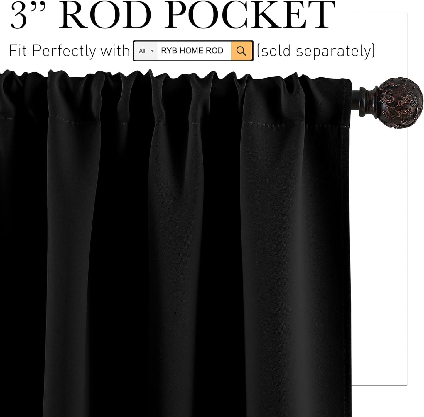 RYB HOME Black Short Curtains Blackout, 45 inch Durable Cafe Curtains Room Darkening Window Drapes Privacy Protection for Basement Closet Kithen, W34 x L45 inch, 2 Panels