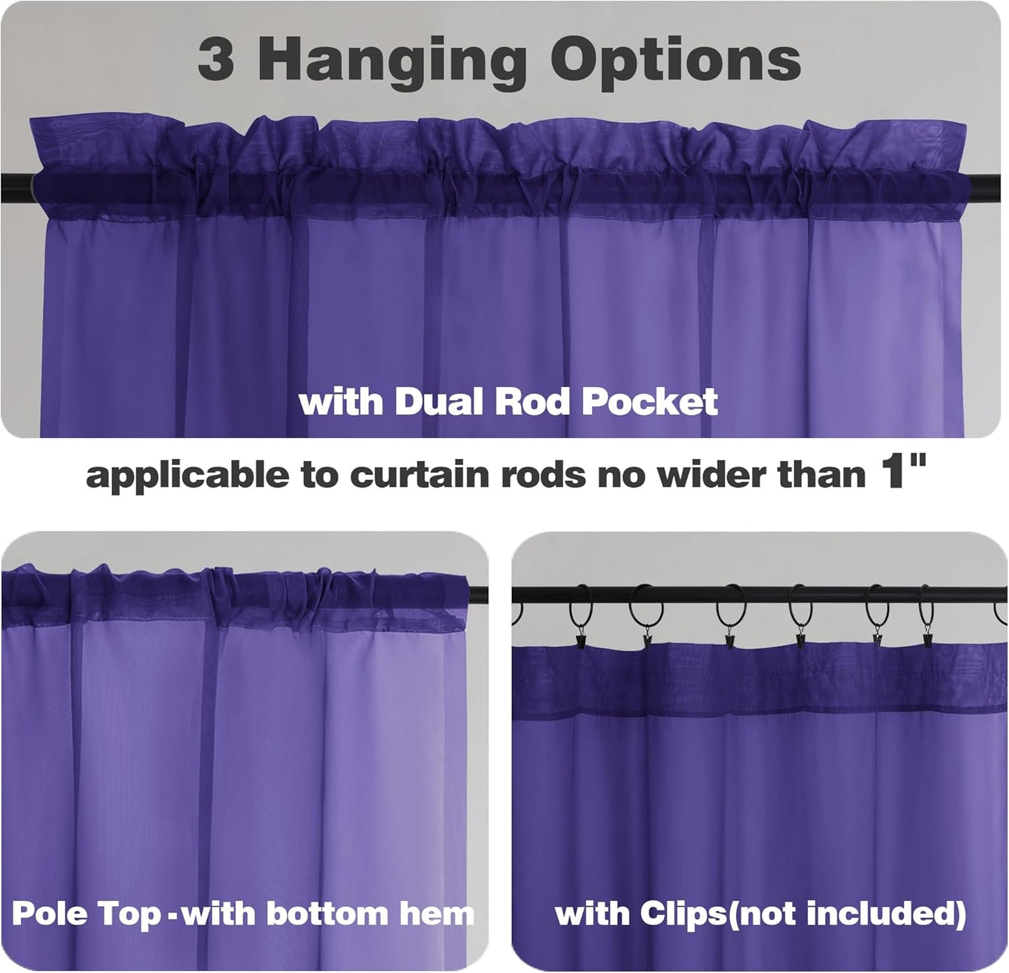 Chyhomenyc Sheer Purple Tier Curtains 24 Inch Length, Small Window Curtains Treatment for Bathroom Living Room Basement, Short Rod Pocket Cafe Curtain, 42W x 24L Inches, 2 Panels