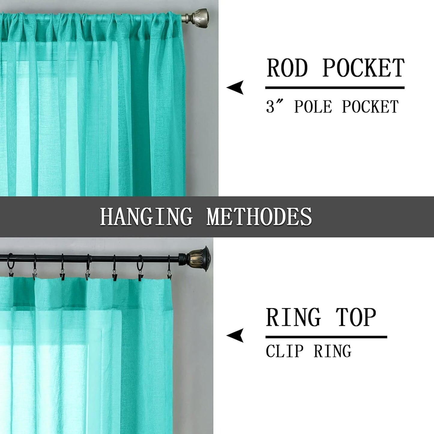 Tollpiz Sheer Curtains Linen Textured Bedroom Curtain Sheers Light Filtering Rod Pocket Voile Curtains for Living Room, 54 x 63 inches Long, Aqua Blue, Set of 2 Panels