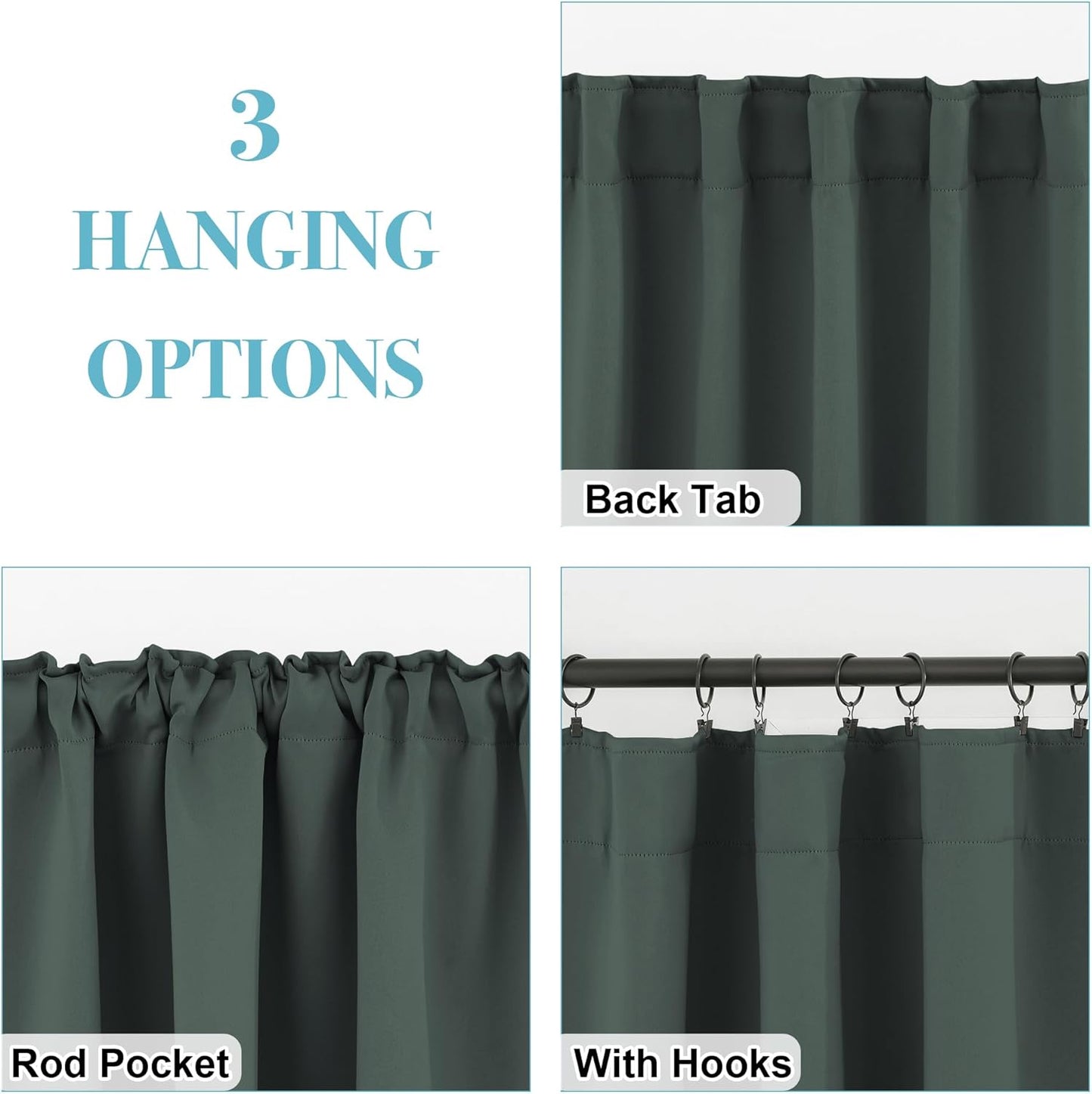RYB HOME Dark Green Small Blackout Window Curtains - Insualting Privacy Curtains for Kids Bedroom Kitchen Bathroom Basement Cafe Cabinet Tiers Drapes, 34 Width x 24 Length, 2 Panels
