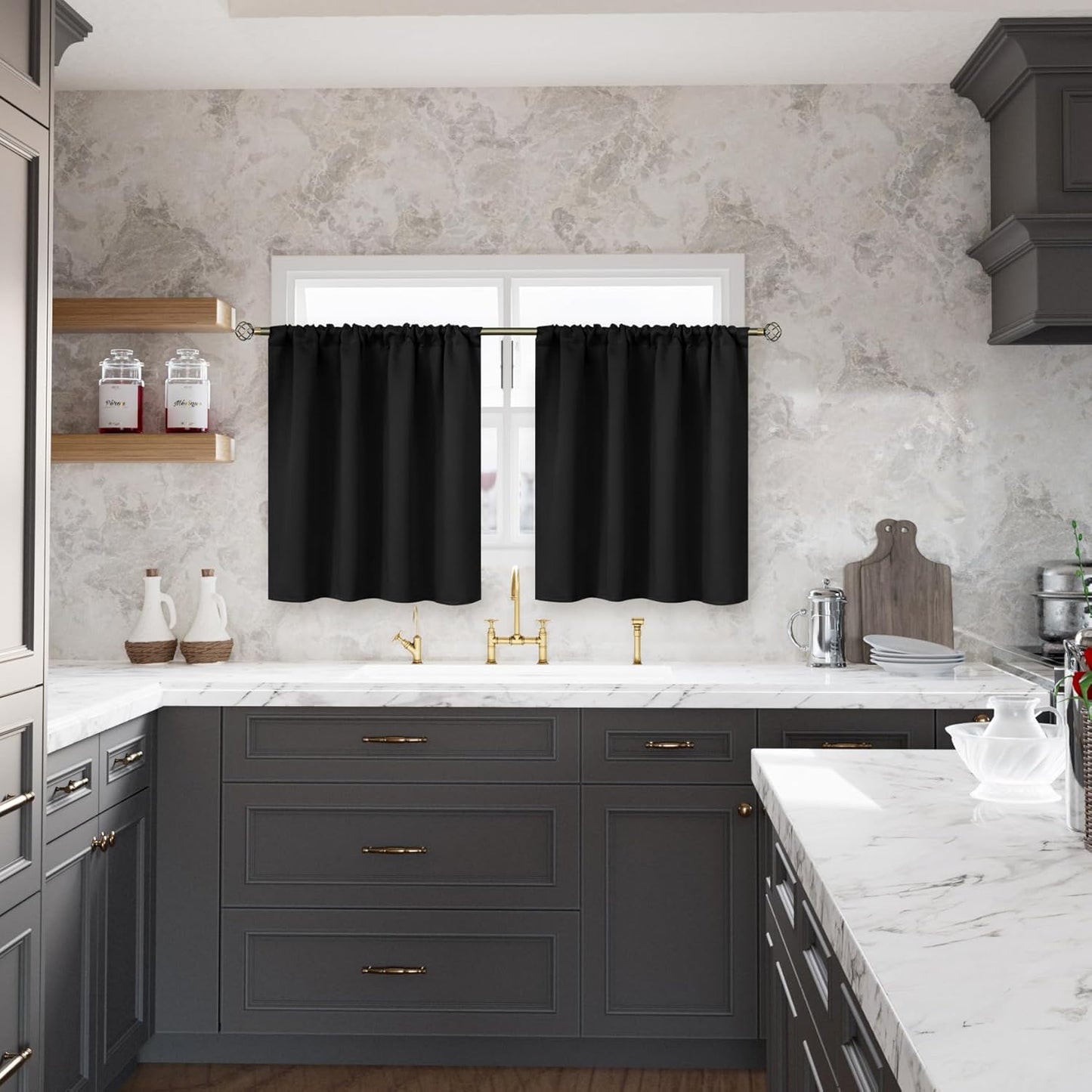 BGment Black Blackout Curtains for Bedroom Window 34 x 45 Inch - Rod Pocket Short Drapes for Kitchen Cafe Rv Bathroom Door Room Darkening Privacy Blinds, 2 Panels