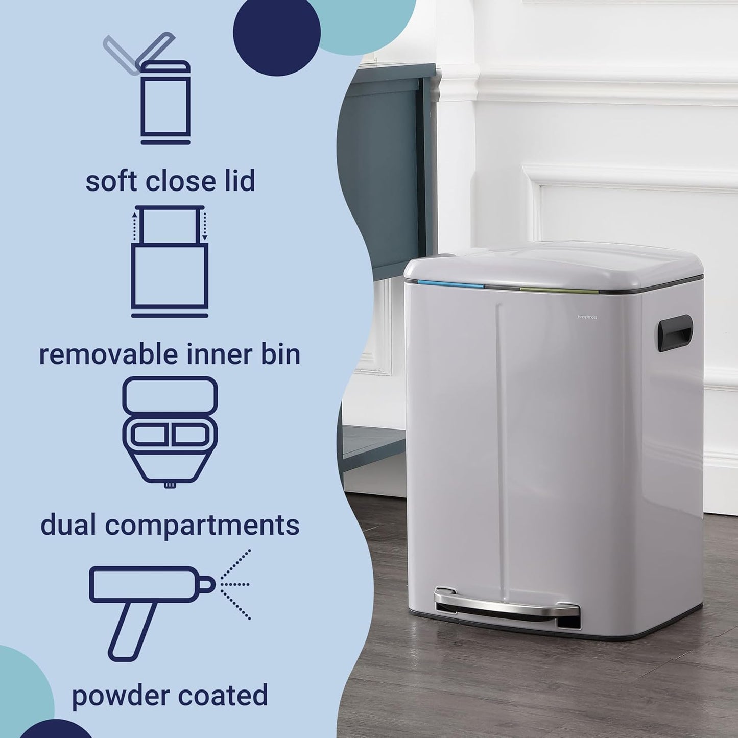 happimess HPM1005I Marco Rectangular 10.6-Gallon Double Bucket Trash Can with Soft-Close Lid, Fog Gray, Fingerprint Resistant, Modern, Minimalistic for Home, Kitchen, Office, Bedroom, Bathroom