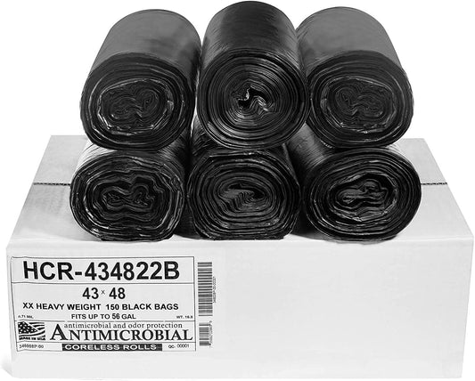 Aluf Plastics High Density Trash Bags, 56 Gallon, 150 Count, 22 Micron (eq), 43" x 48", Black, for Bathroom, Office, Industrial, Commercial, Janitorial, Municipal, Recycling