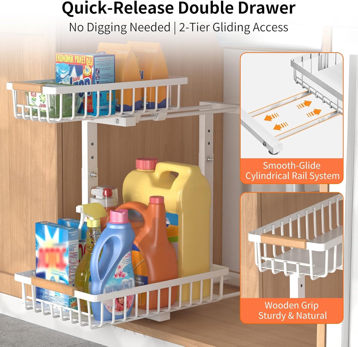 Under Sink Organizer, Under Sink Organizers and Storage, 2-Tier Pull Out Under Cabinet Organizer Storage Shelf, Metal Frame, Height Adjustable Rack for Bathroom Kitchen Pantry