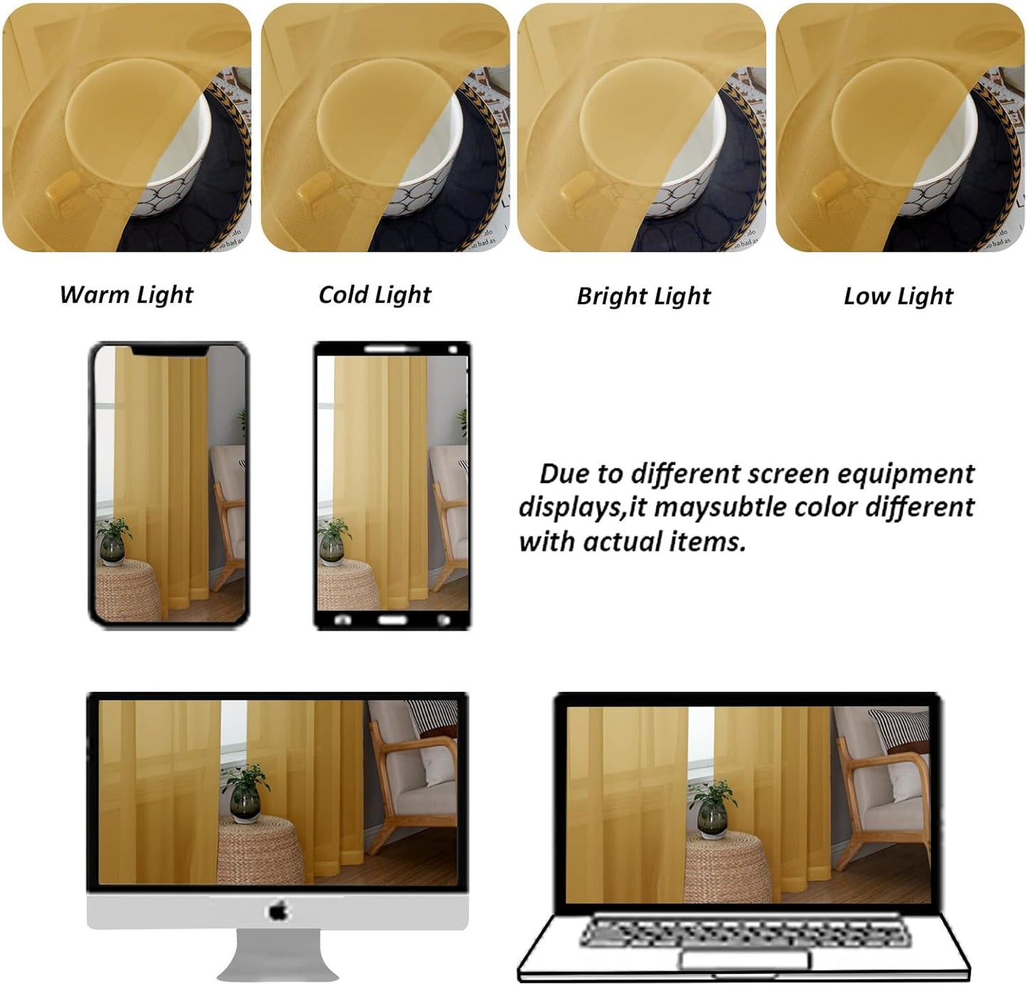 Chyhomenyc Gold Sheer Curtains 36 inch Length 2 Panels Set, Light Filtering Voile Rod Pocket Short Window Curtians for Bathroom Living Room Farmhouse Small Windows, Each 42Wx36L in, 2PCS, Gold