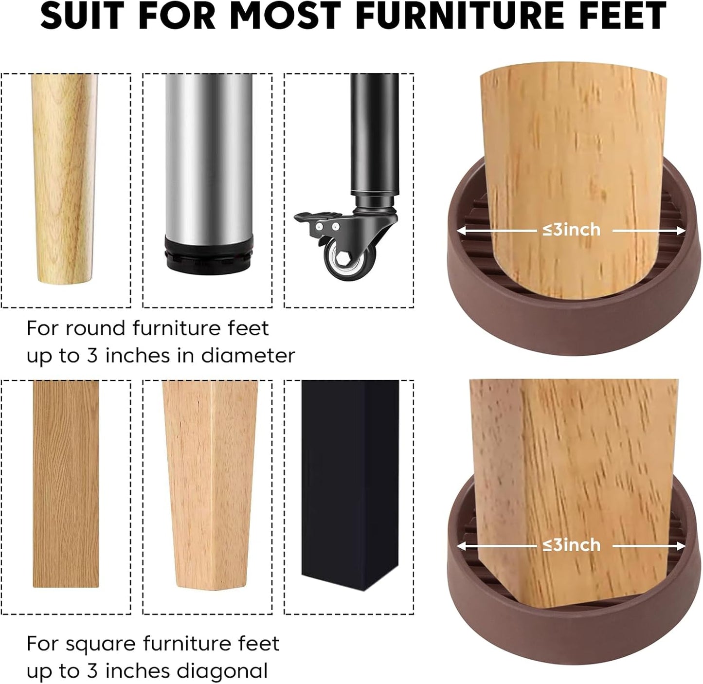 8Pcs 3"*3" Rubber Non-Slip Furniture Pads Heavy Duty Furniture Casters Cups Sofa Feet Floor Protectors for Beds Sofas Pianos and Other Large Furniture (Round, Brown)