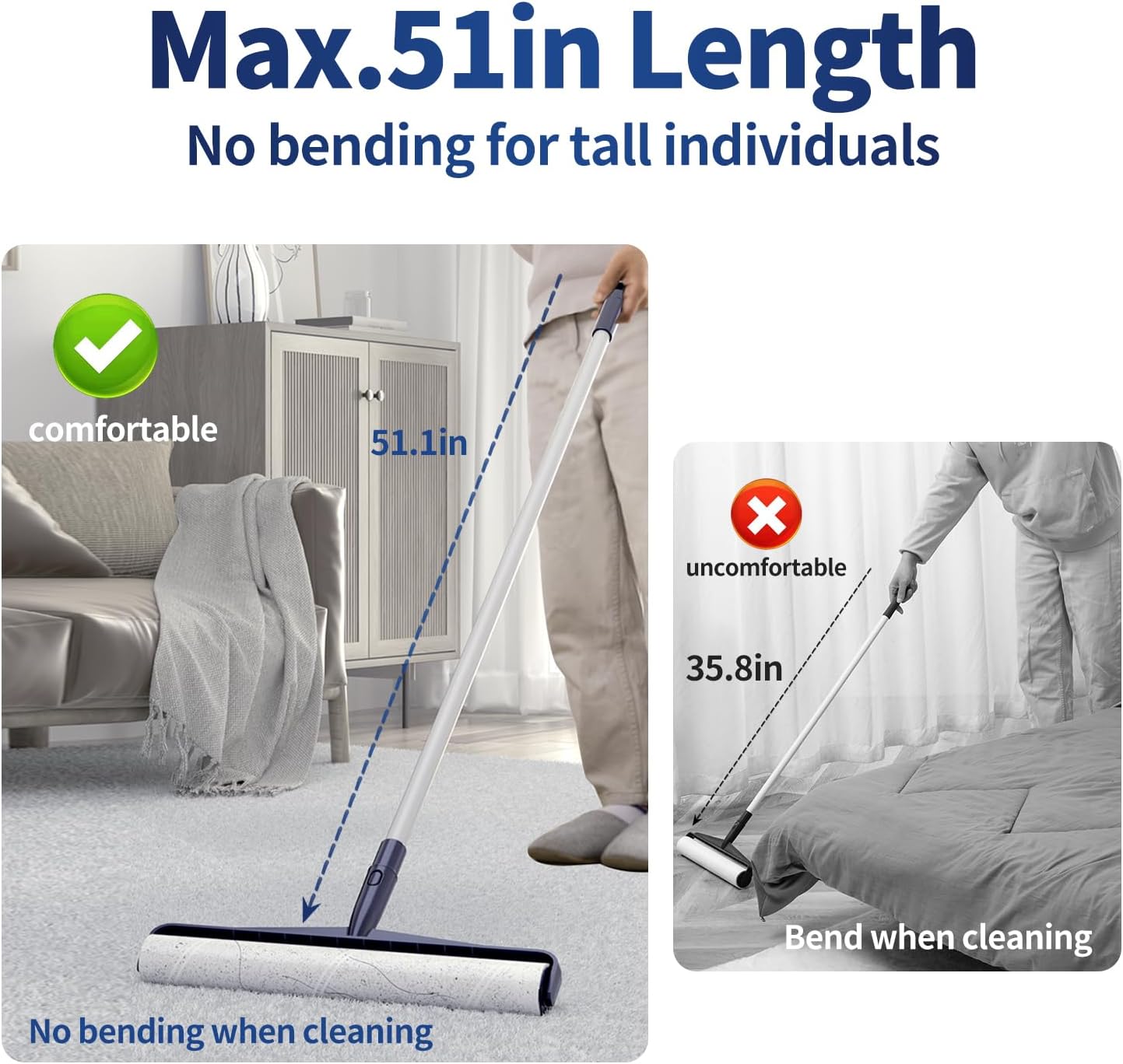 13.8in Large Size Floor Lint Rollers for Pet Hair Extra Sticky 51.2in Long Handle Giant Big Hair Picker Upper from Sticky Mop for Cleaning Dog Cat Hair Animal Fur Removal Roller Couch Bed Sheet Carpet