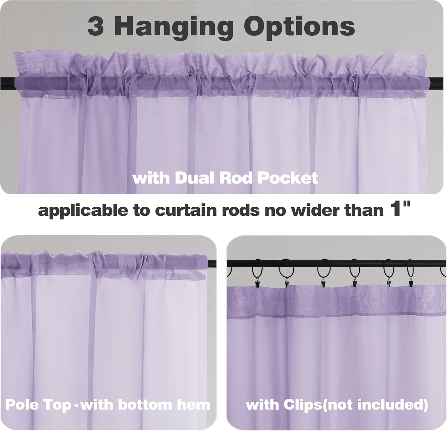Chyhomenyc Lilac Sheer Curtains 54 Inch Long 2 Panels, Light Filtering Rod Pocket Voile Short Curtains Drapes for Living Room Bedroom Small Windows, 42Wx45L Inches