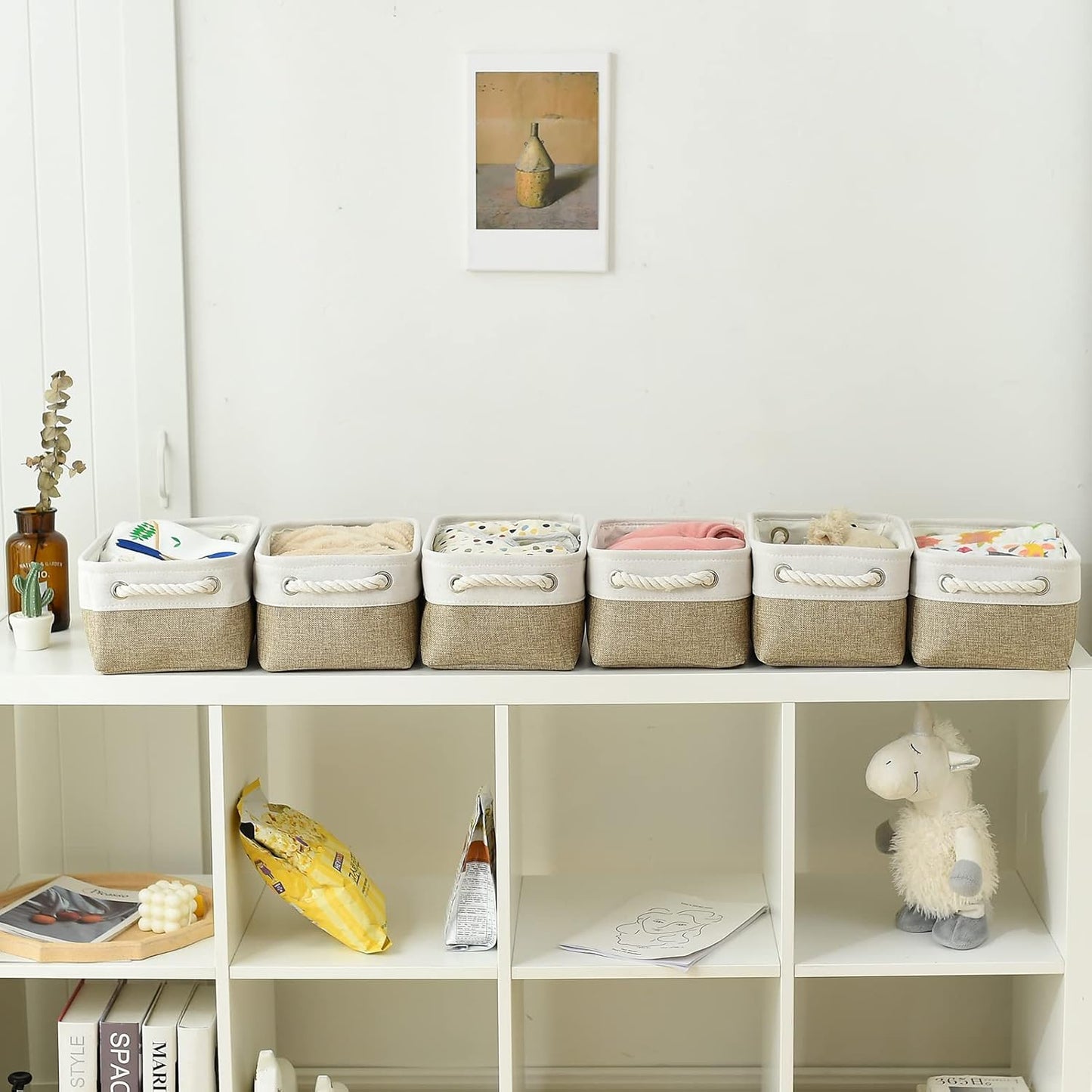 TheWarmHome Storage Basket for Shelves - 12x8x5.2 inch Small 6 Pack Collapsible Storage Bin for Closet with Handles, Fabric Storage Cubes for Cloth Organizer Gift Toy Decorative (White & Khaki)