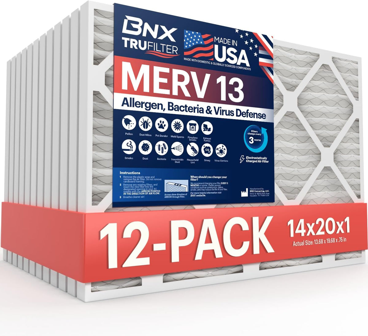 BNX TruFilter 14x20x1 MERV 13 (12-Pack) AC Furnace Air Filter - MADE IN USA - Electrostatic Pleated Air Conditioner HVAC AC Furnace Filters - Removes Pollen, Mold, Bacteria, Smoke
